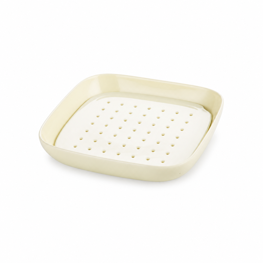 Cream Square Dish with Draining Insert — white-background product view 1; AI-assisted image