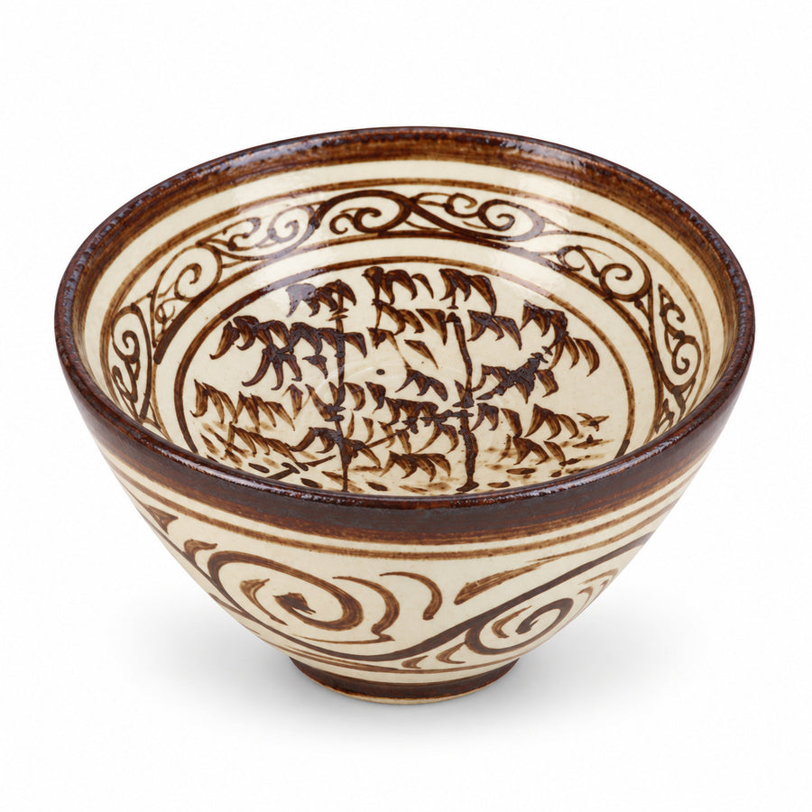 AI-assisted illustration of Bamboo Scroll Rice Bowl — Ivory & Umber, catalog three quarter view.