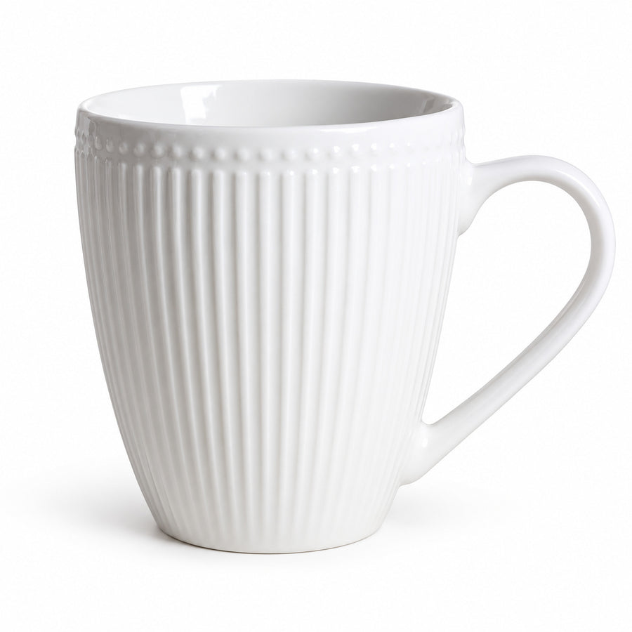 AI-assisted illustration of Pearl White Ribbed Breakfast Mug, white hero view.