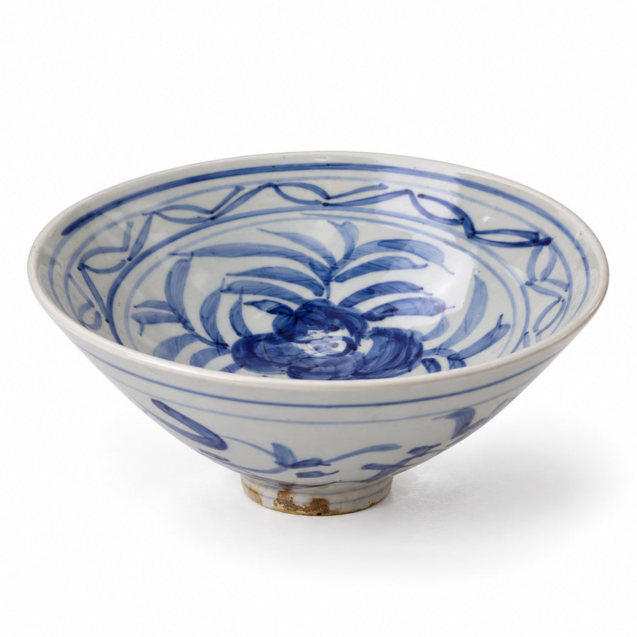 AI-assisted concept image of cobalt blossom conical bowl: overall product view.