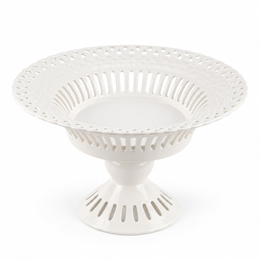 AI-assisted concept image of ivory openwork pedestal compote: overall product view.