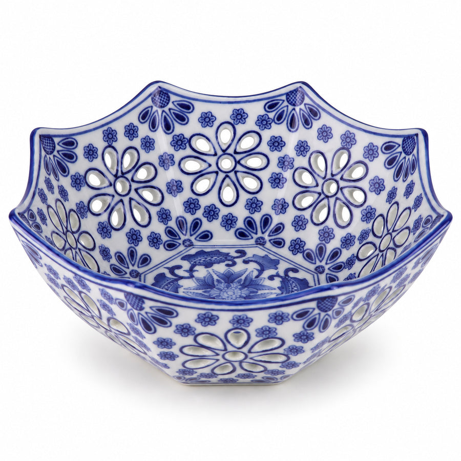 AI-assisted concept image of cobalt octagonal openwork fruit bowl: overall product view.