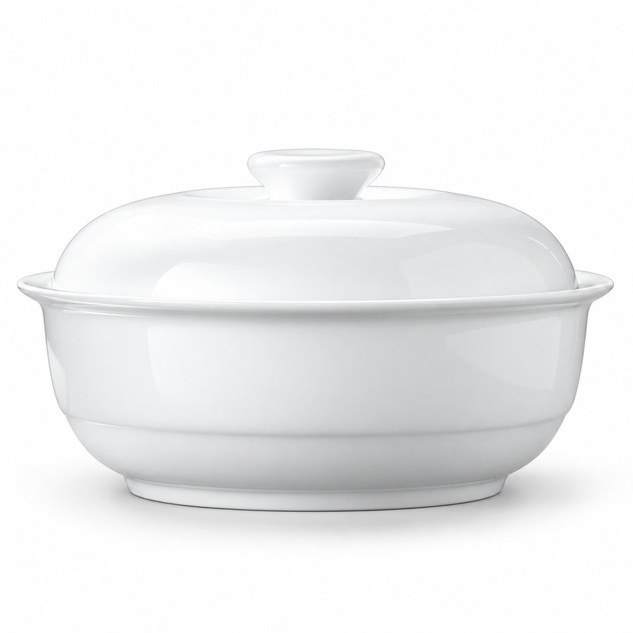 AI-assisted concept image of sweet white lidded tureen: overall product view.