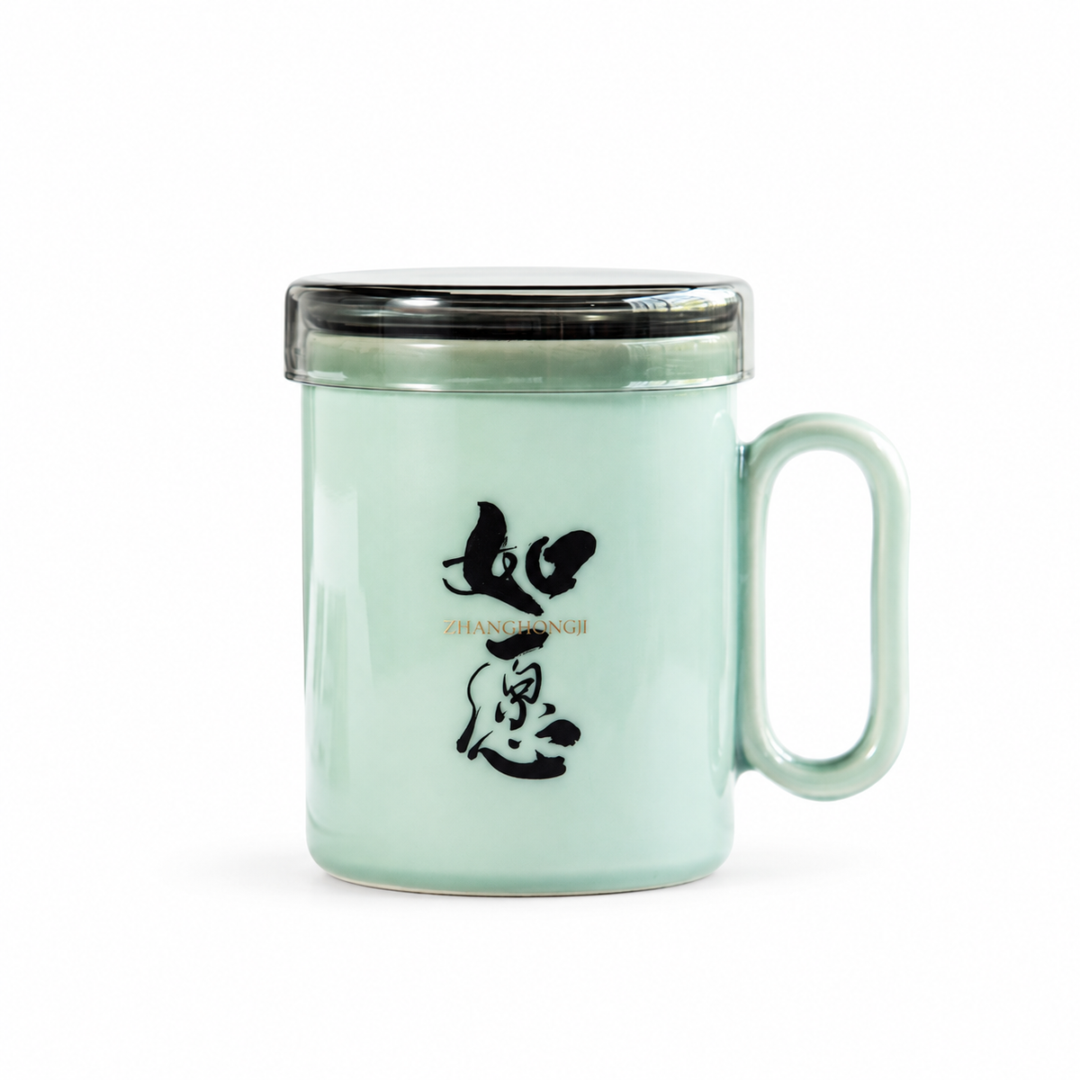 ZhangHongJi Celadon Infuser Mug — white-background product view 1; AI-assisted image