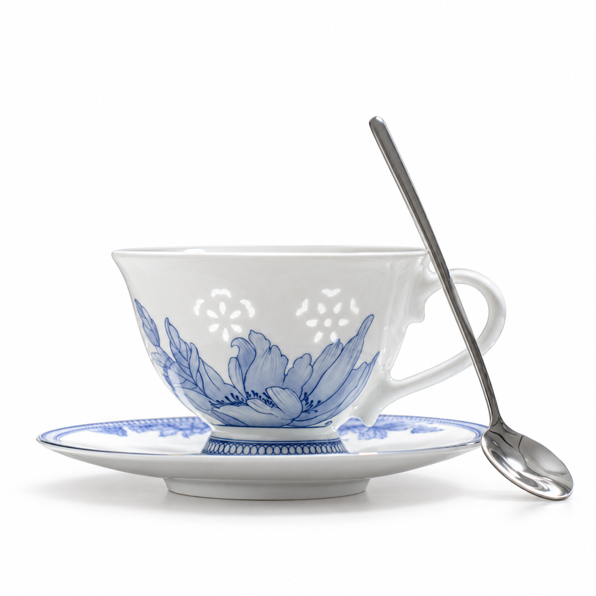 Fuyu Lotus Cup & Saucer — Cobalt Blue — white-background product view 1; AI-assisted image