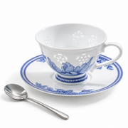 Fuyu Lotus Cup & Saucer — Cobalt Blue — white-background product view 2; AI-assisted image