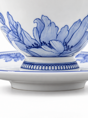 Fuyu Lotus Cup & Saucer — Cobalt Blue — white-background product view 3; AI-assisted image