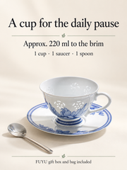 Fuyu Lotus Cup & Saucer — Cobalt Blue — dimensions, composition or care information 4; AI-assisted image