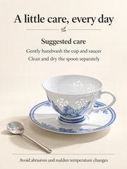 Fuyu Lotus Cup & Saucer — Cobalt Blue — dimensions, composition or care information 6; AI-assisted image