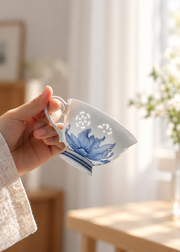 Fuyu Lotus Cup & Saucer — Cobalt Blue — styled use illustration; props and additional pieces excluded 7; AI-assisted image