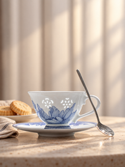 Fuyu Lotus Cup & Saucer — Cobalt Blue — styled use illustration; props and additional pieces excluded 10; AI-assisted image