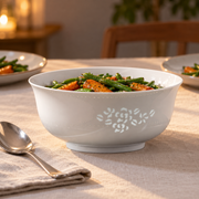 Fuyu Peony Linglong Serving Bowl — styled use illustration; props and additional pieces excluded 8; AI-assisted image