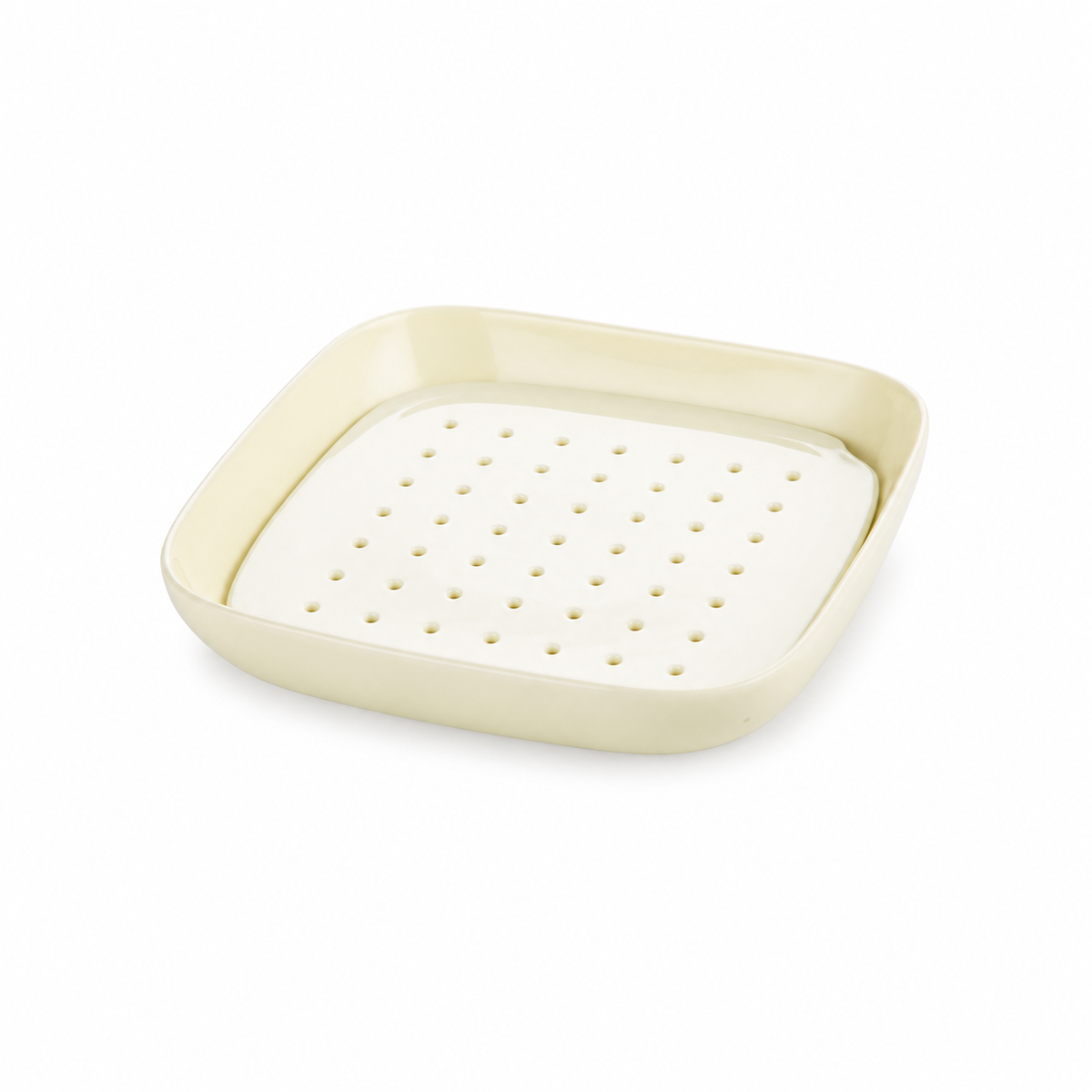 Cream Square Dish with Draining Insert — white-background product view 1; AI-assisted image