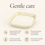 Cream Square Dish with Draining Insert — dimensions, composition or care information 6; AI-assisted image