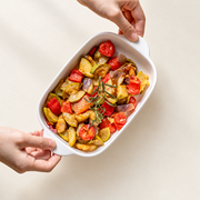 MDZF White Baking Dish — 600 mL — styled use illustration; props and additional pieces excluded 7; AI-assisted image
