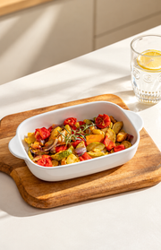 MDZF White Baking Dish — 600 mL — styled use illustration; props and additional pieces excluded 8; AI-assisted image