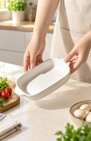MDZF White Baking Dish — 600 mL — styled use illustration; props and additional pieces excluded 9; AI-assisted image