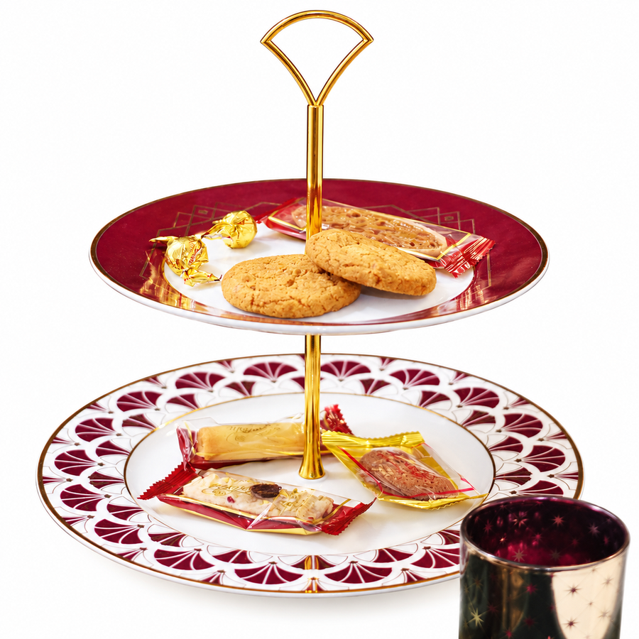 TaDah Burgundy Dessert Stand — Two Tiers — white-background product view 1; AI-assisted image
