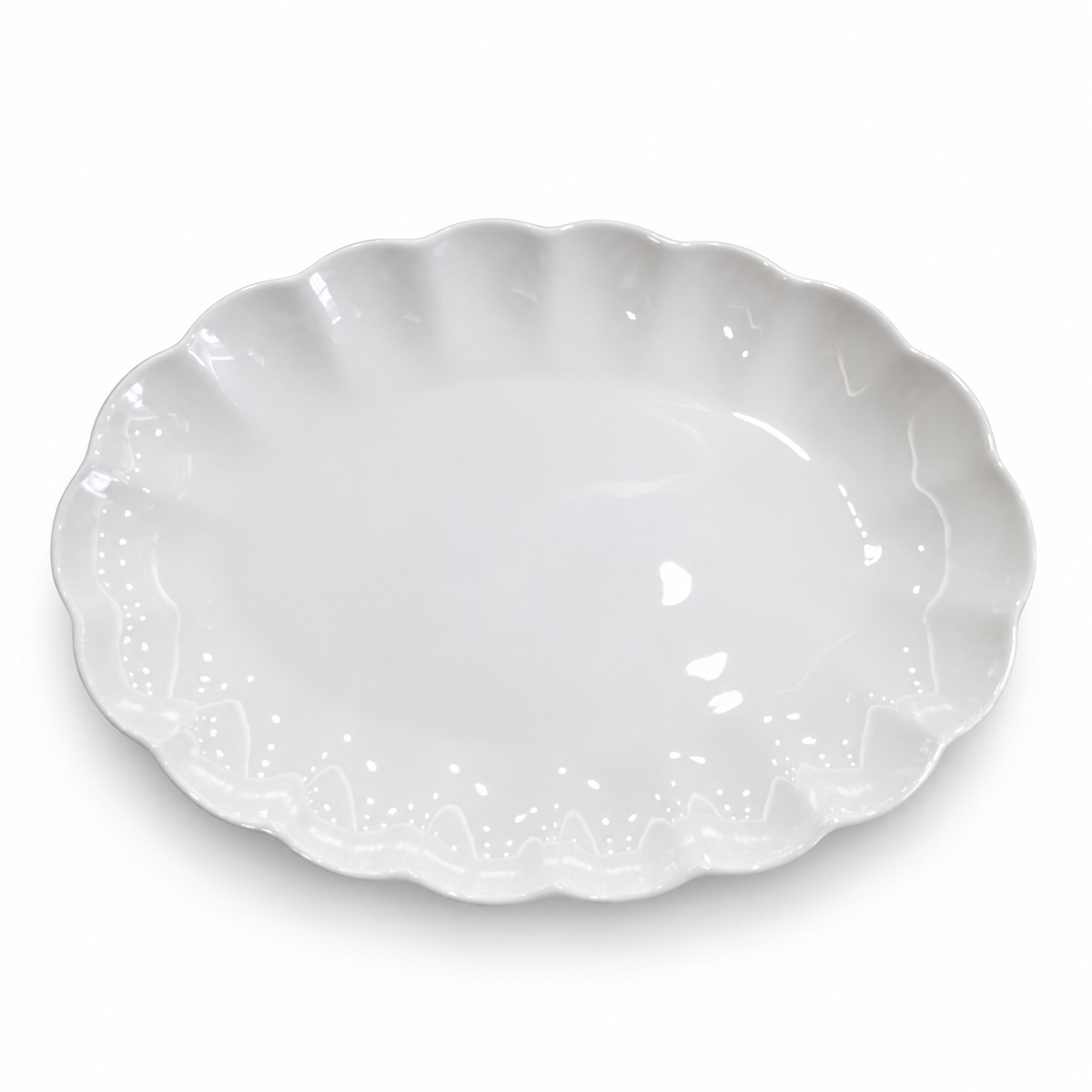 Scalloped White Bone China Oval Platter — white-background product view 1; AI-assisted image