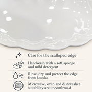 Scalloped White Bone China Oval Platter — dimensions, composition or care information 6; AI-assisted image