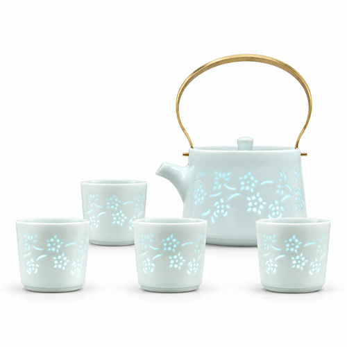 Fuyu Qingbai Linglong Tea Set — Teapot & Four Cups — white-background product view 2; AI-assisted image