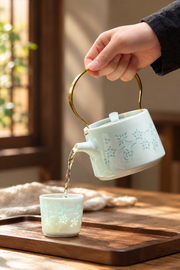 Fuyu Qingbai Linglong Tea Set — Teapot & Four Cups — styled use illustration; props and additional pieces excluded 7; AI-assisted image