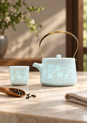 Fuyu Qingbai Linglong Tea Set — Teapot & Four Cups — styled use illustration; props and additional pieces excluded 9; AI-assisted image