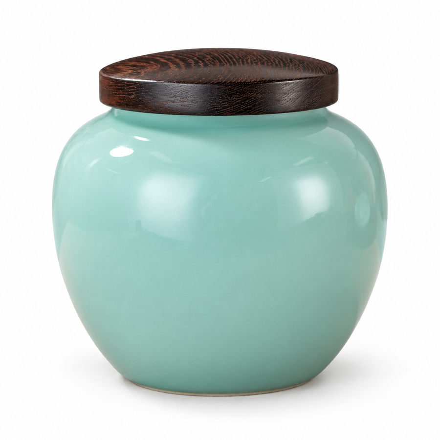 Shang Tang Rounded Celadon Tea Canister — white-background product view 1; AI-assisted image