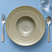 DXC Gray-Olive Ringed Deep Plate — styled use illustration; props and additional pieces excluded 9; AI-assisted image