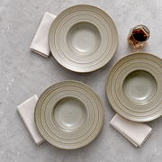 DXC Gray-Olive Ringed Deep Plate — styled use illustration; props and additional pieces excluded 10; AI-assisted image