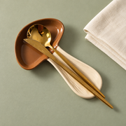 GreatFamily Mushroom Spoon Rest — Brown — styled use illustration; props and additional pieces excluded 8; AI-assisted image