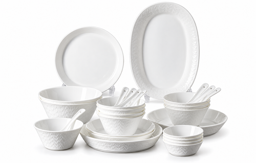 SONGFA White Dinnerware Set — 28 Pieces — white-background product view 1; AI-assisted image