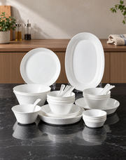 SONGFA White Dinnerware Set — 28 Pieces — styled use illustration; props and additional pieces excluded 12; AI-assisted image