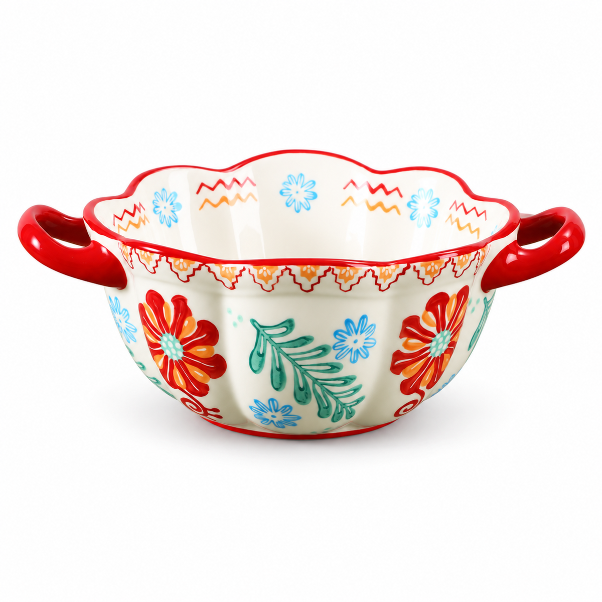 SONGFA Floral Handled Bowl — Red — white-background product view 1; AI-assisted image