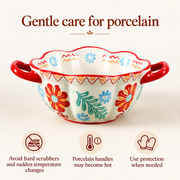 SONGFA Floral Handled Bowl — Red — dimensions, composition or care information 6; AI-assisted image