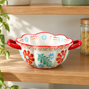 SONGFA Floral Handled Bowl — Red — styled use illustration; props and additional pieces excluded 12; AI-assisted image
