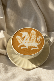 SONGFA Oatmeal Fluted Cup & Saucer — styled use illustration; props and additional pieces excluded 7; AI-assisted image