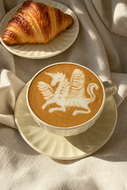 SONGFA Oatmeal Fluted Cup & Saucer — styled use illustration; props and additional pieces excluded 9; AI-assisted image
