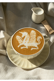 SONGFA Oatmeal Fluted Cup & Saucer — styled use illustration; props and additional pieces excluded 10; AI-assisted image