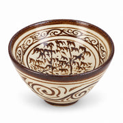 AI-assisted illustration of Bamboo Scroll Rice Bowl — Ivory & Umber, catalog three quarter view.
