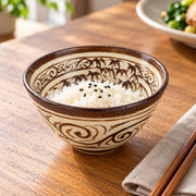 AI-assisted illustration of Bamboo Scroll Rice Bowl — Ivory & Umber, rice at lunch setting; food and styling props are not included.