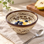 AI-assisted illustration of Bamboo Scroll Rice Bowl — Ivory & Umber, yogurt and honey setting; food and styling props are not included.