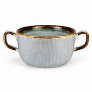 AI-assisted illustration of Mist Blue Double-Handled Soup Cup, catalog three quarter view.