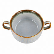 AI-assisted illustration of Mist Blue Double-Handled Soup Cup, catalog overhead view.
