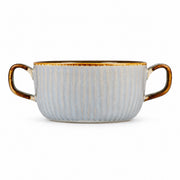 AI-assisted illustration of Mist Blue Double-Handled Soup Cup, catalog side profile view.