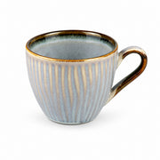 AI-assisted illustration of Mist Blue Ribbed Coffee Cup, catalog three quarter view. Saucer is not included.
