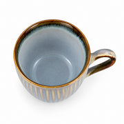 AI-assisted illustration of Mist Blue Ribbed Coffee Cup, catalog overhead view. Saucer is not included.