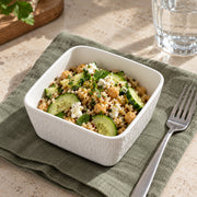 AI-assisted illustration of White Textured Square Bowl, lunch salad setting; food and styling props are not included.