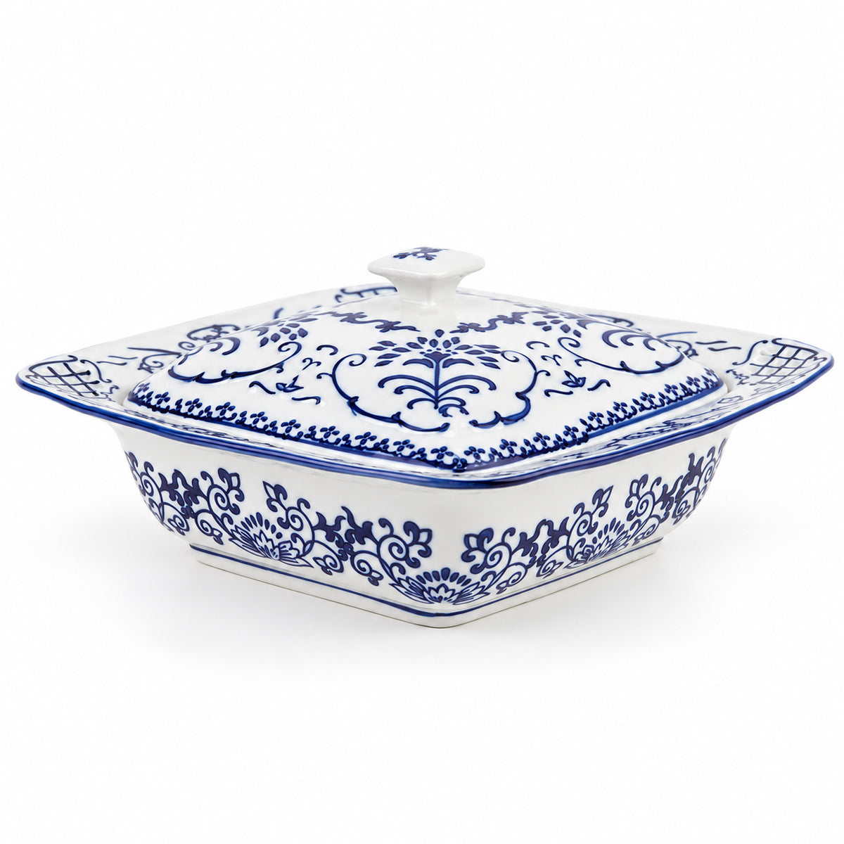 AI-assisted concept image of cobalt botanical lidded server: overall product view.