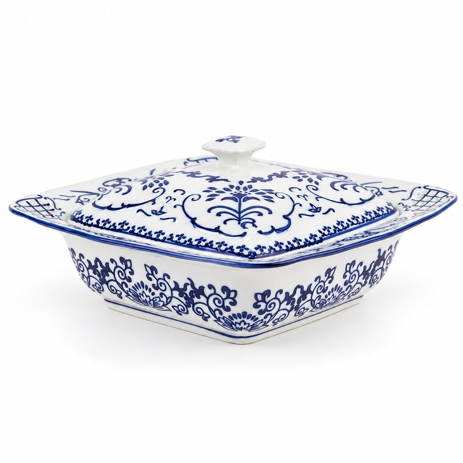 AI-assisted concept image of cobalt botanical lidded server: overall product view.